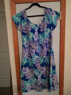 Hilo Hattie Tropical Print Dress in Navy, Teal & Lavender